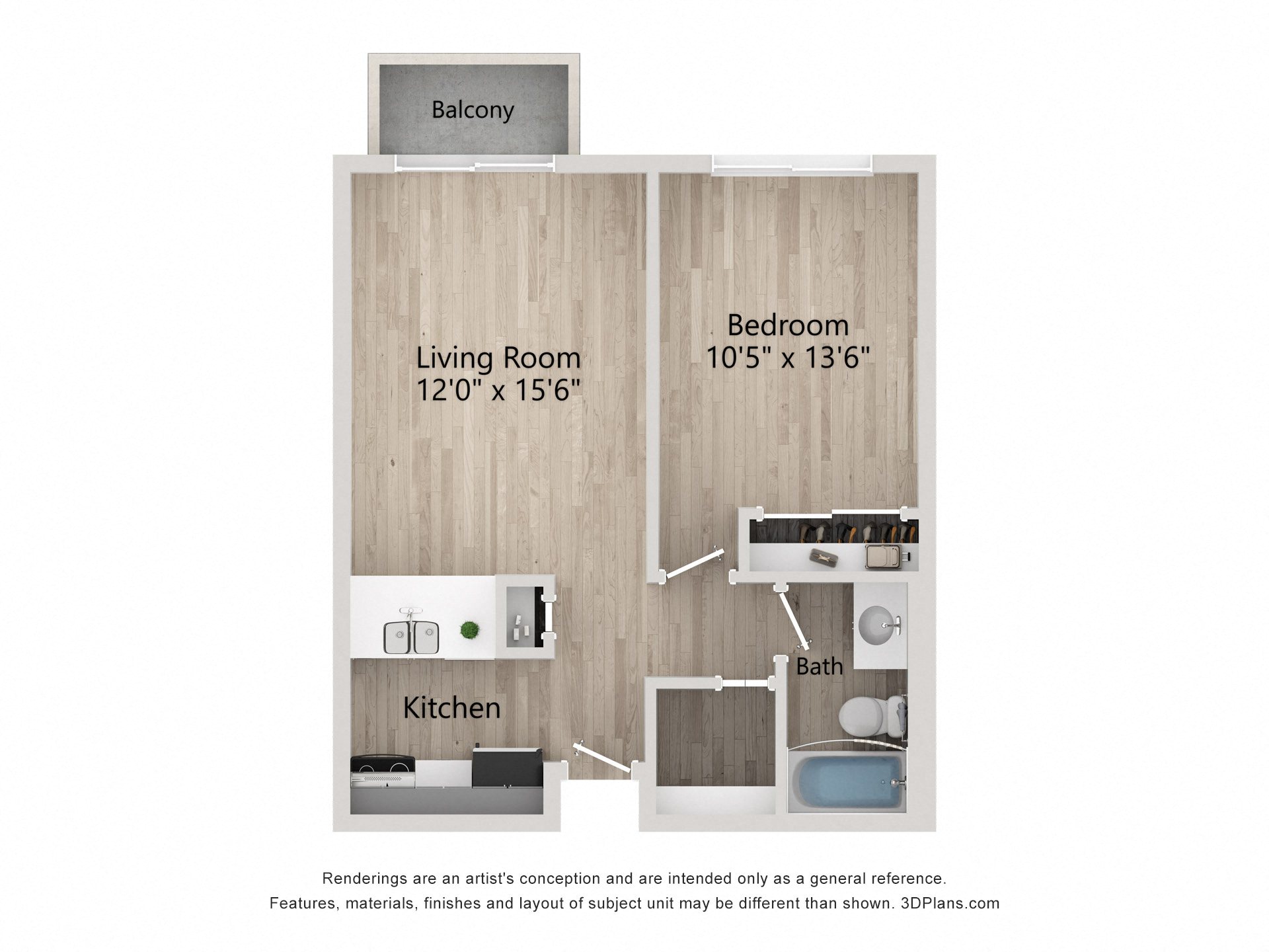 Floor plan for 1 bed, 1 bath, 540 sqft